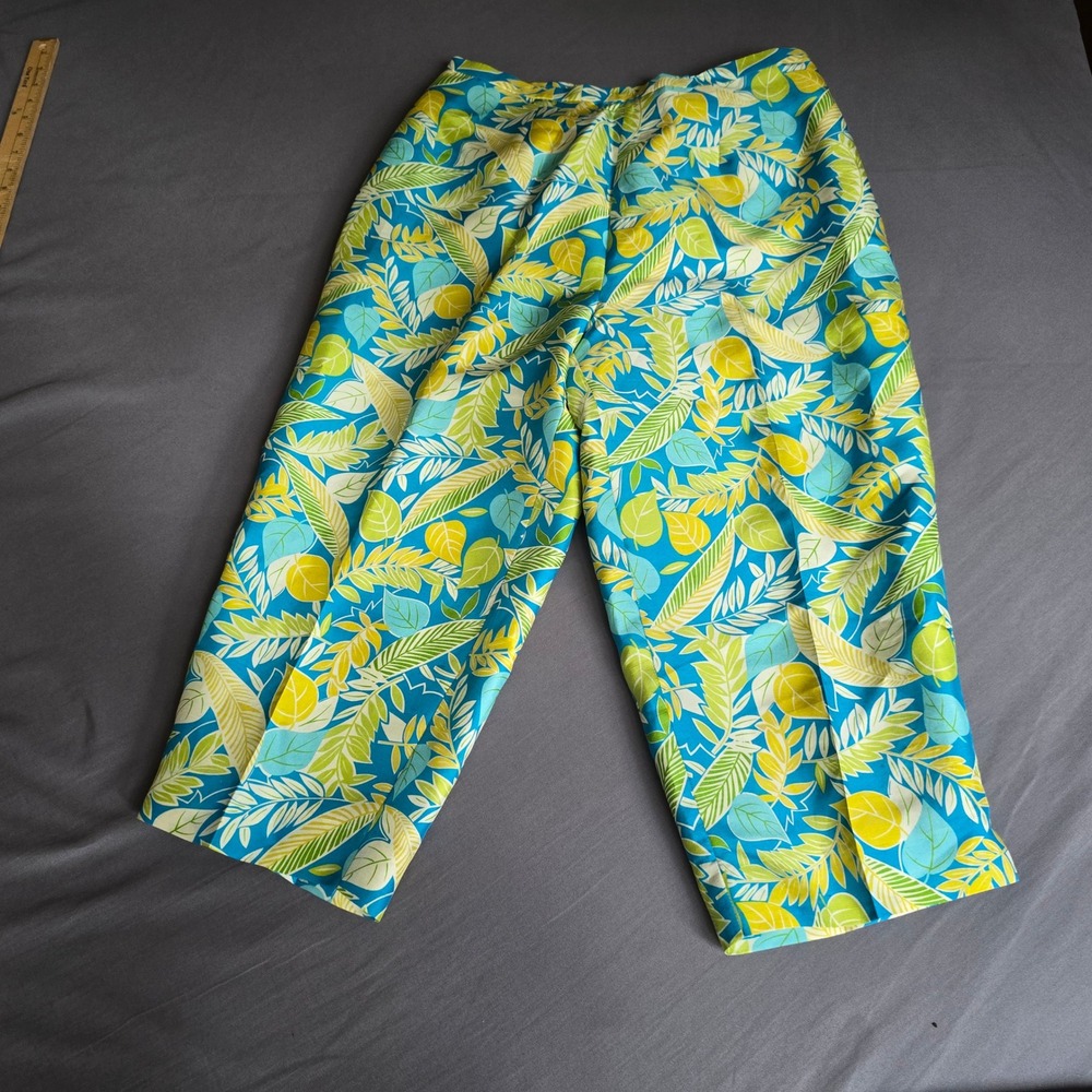 Robbie Bee Silk Wide Leg Crop Pants Women 12P Blue Yellow Tropical Leaf Print